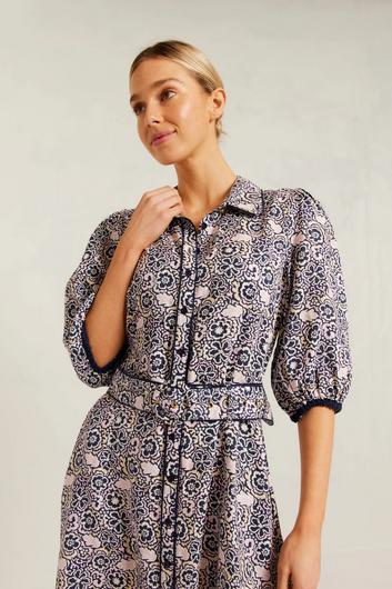 chloe linen dress - navy raya print