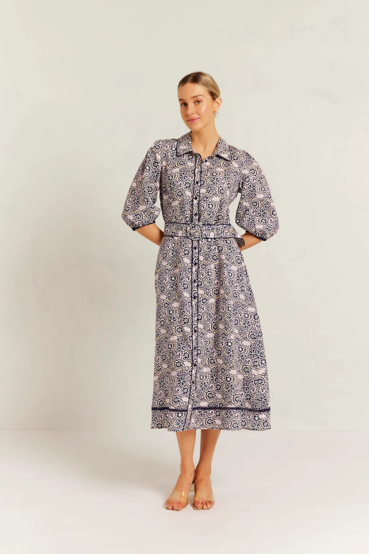 chloe linen dress - navy raya print