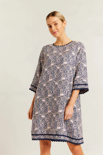 claire linen dress - navy raya print