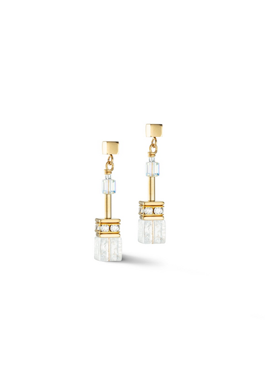 GEO CUBE GOLD & WHITE ROCK CRYSTALS EARRINGS