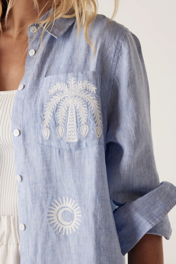 palm linen embroidered shirt - blue marle