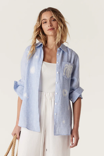 palm linen embroidered shirt - blue marle