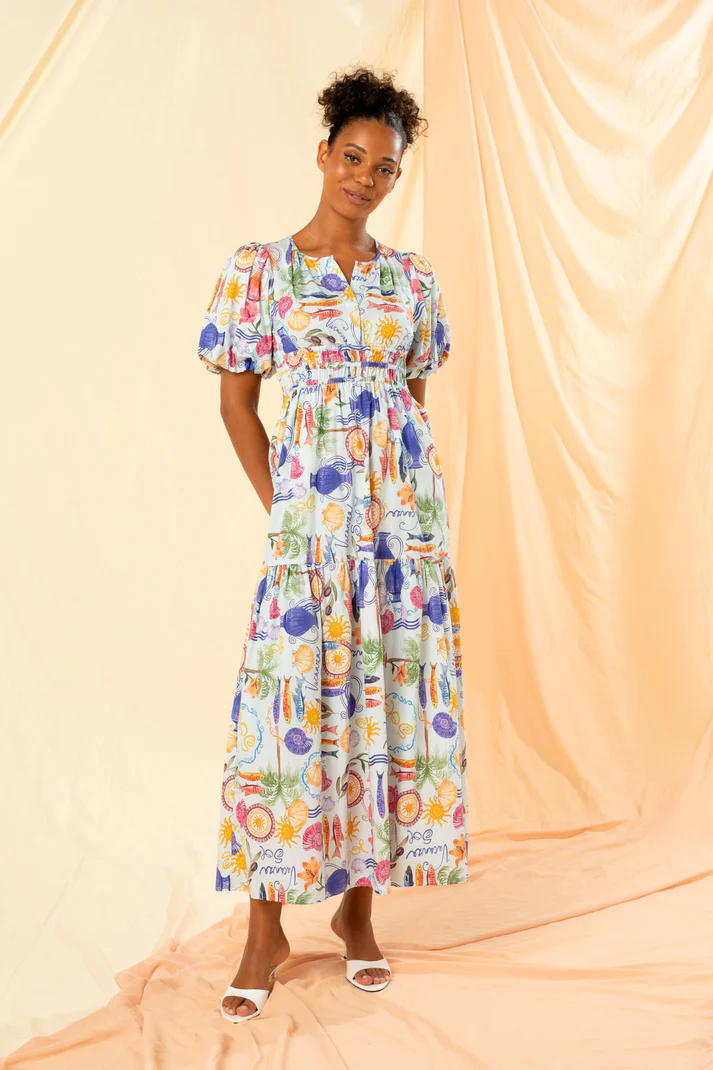 roma shirred waist maxi dress - blu holiday