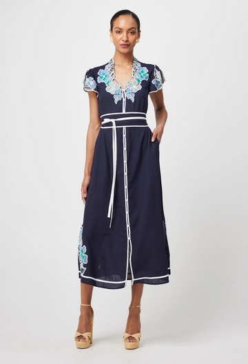 delray linen viscose flutter sleeve maxi - lapis