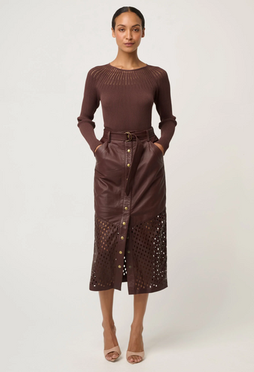 hypnotic leather laser cut midi skirt