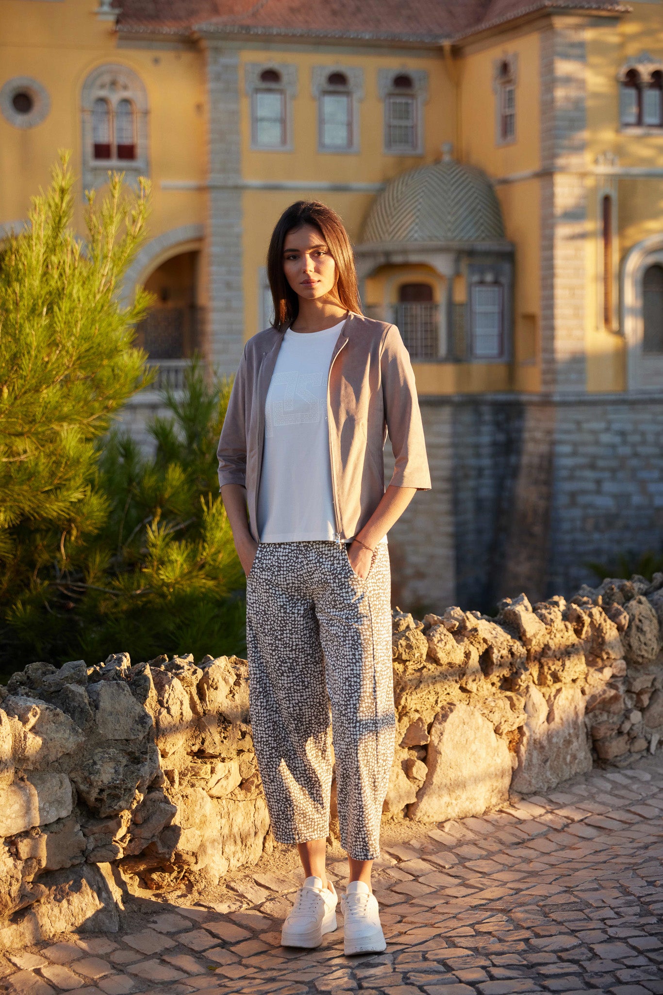 Peruzzi Print Slouch Trousers in Taupe and Ecru, styled look