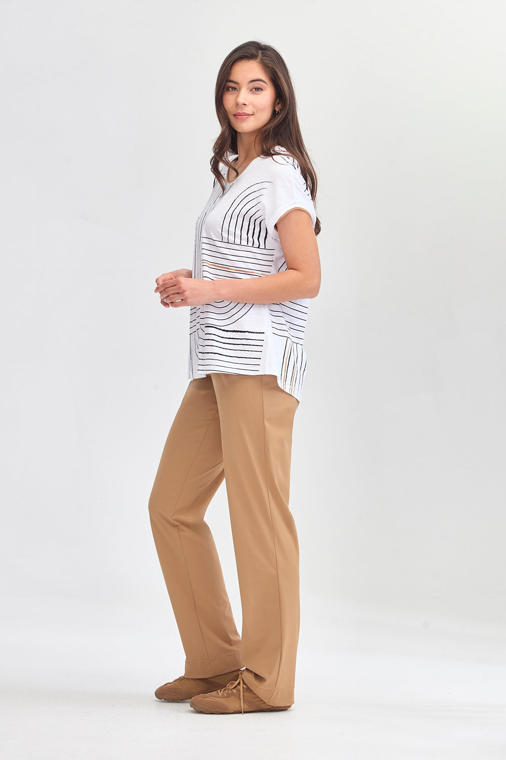 Verge Coastal Top in White styled with Relax Pant, Caramel - Haus of Alma