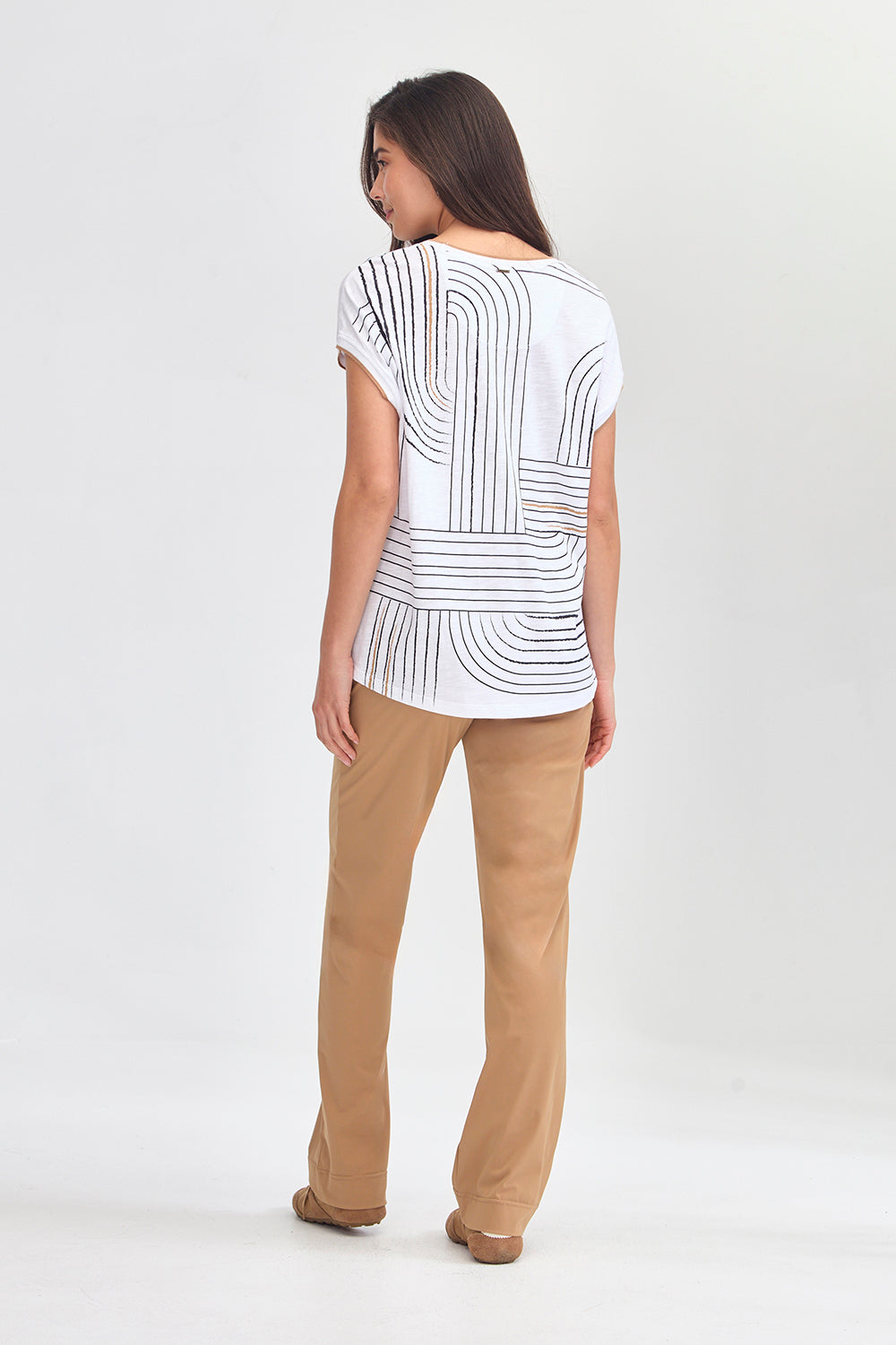 Verge Coastal Top in White styled with Relax Pant, Caramel - Haus of Alma