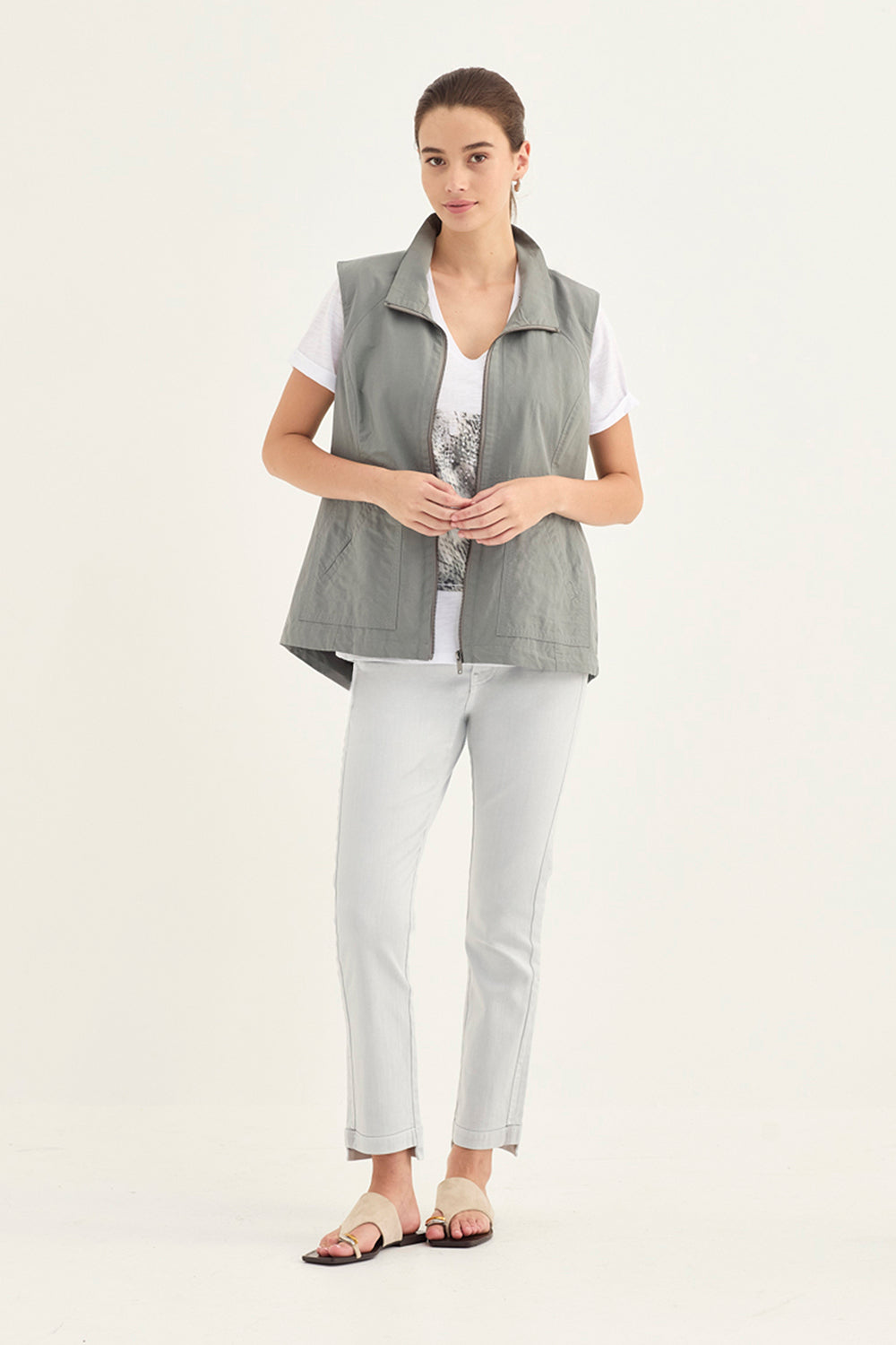 Verge Master 26 Jean in Frost styled with Statement Vest, Shadow & Viper Top, White - Haus of Alma