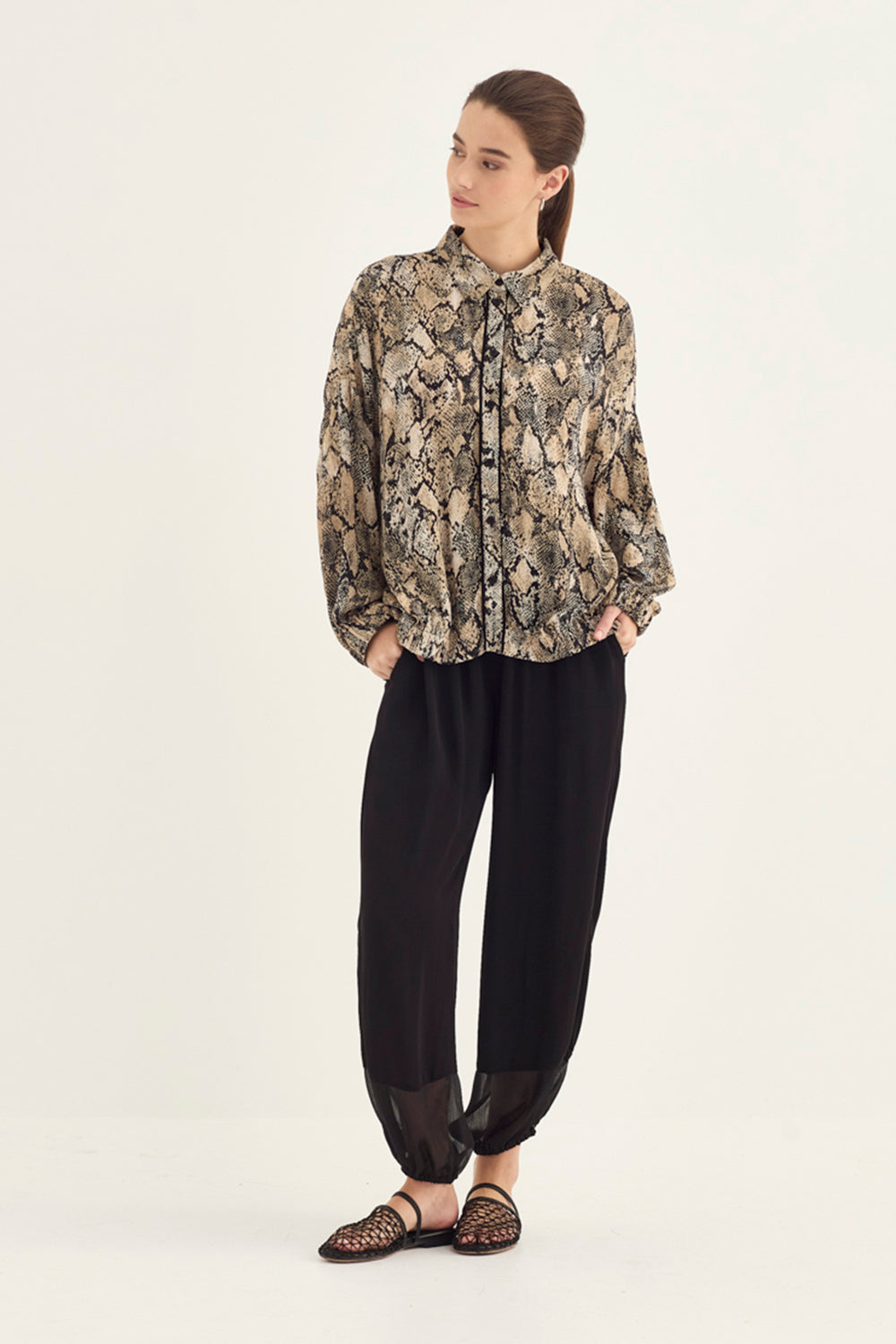 Verge Peyton Shirt in Print styled with Worship Pant, Black - Haus of Alma