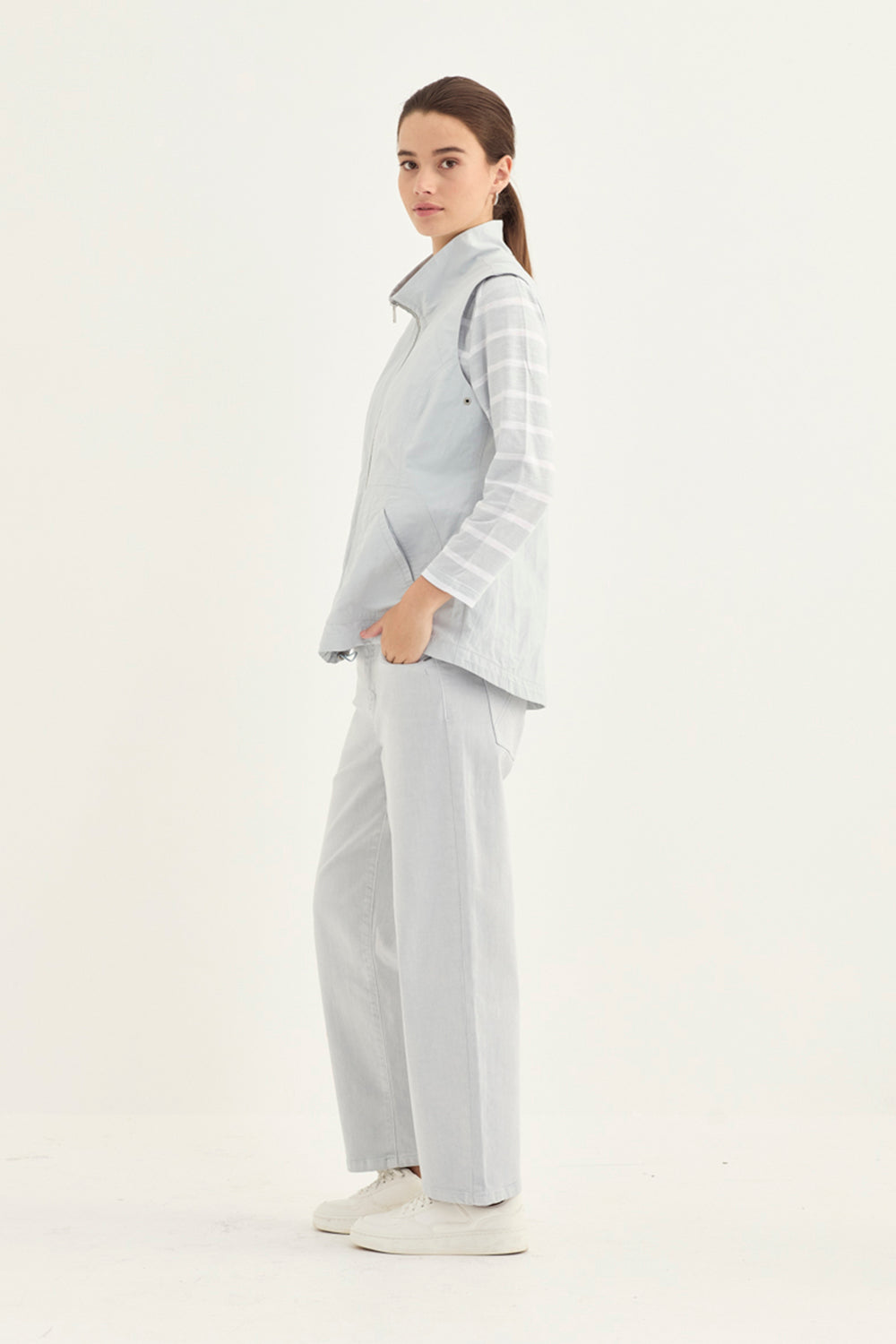 Verge Spencer Top in Ice styled with Statement Vest & Farrow Jean, Ice/Frost - Haus of Alma