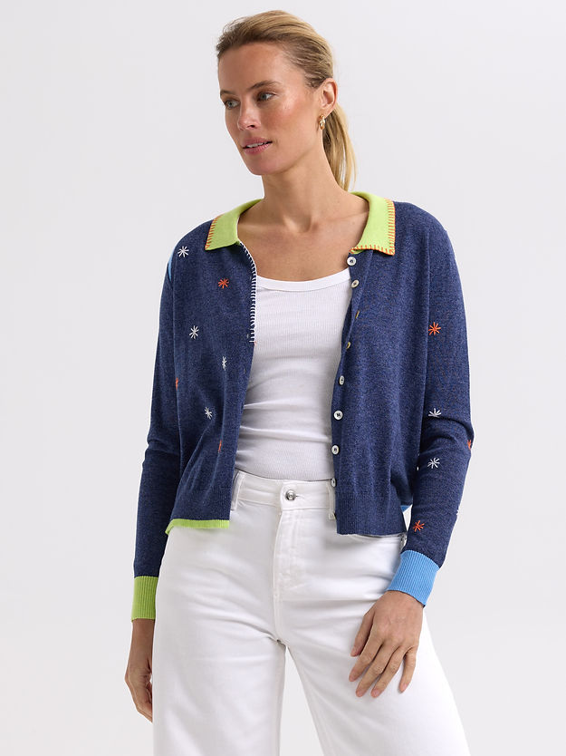 blossoms hand-work cardi - denim