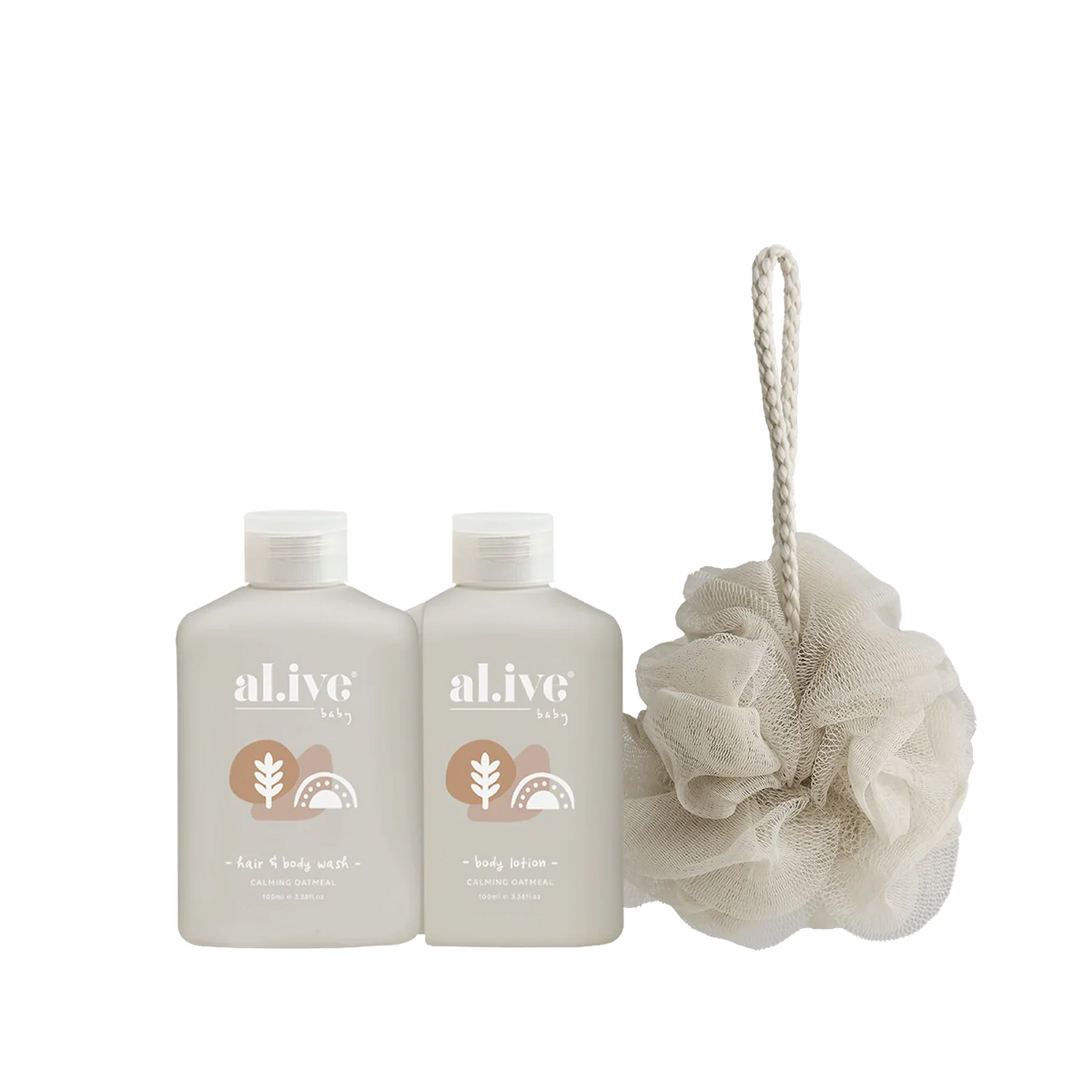 al.ive body Calming Oatmeal travel Hair & Body Wash and Body Lotion with loofah