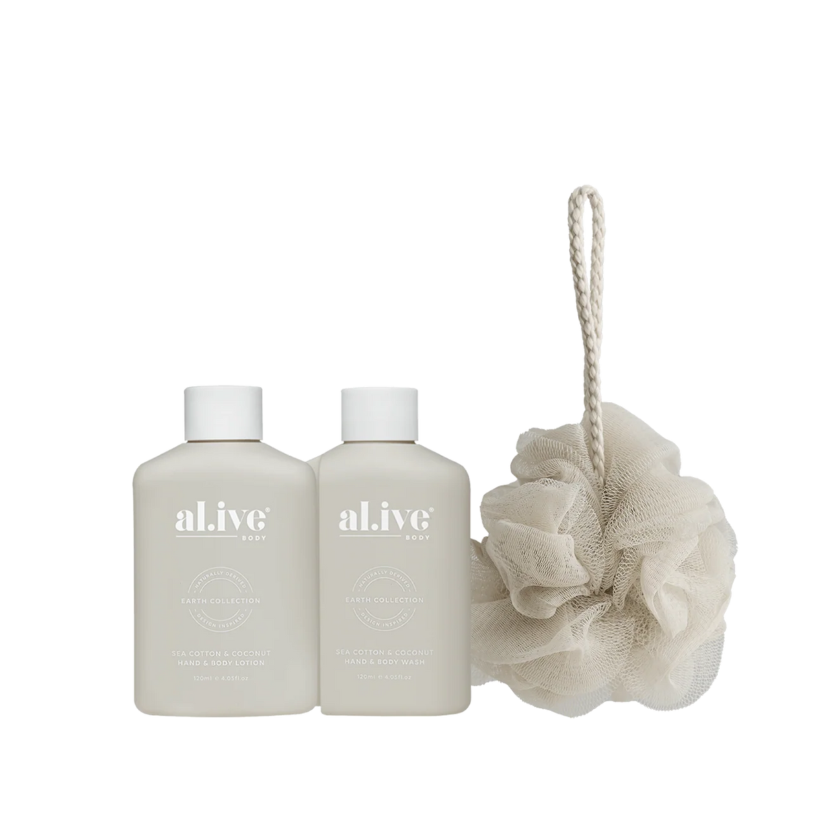 al.ive body Sea Cotton & Coconut travel Hand & Body Wash and Lotion with loofah