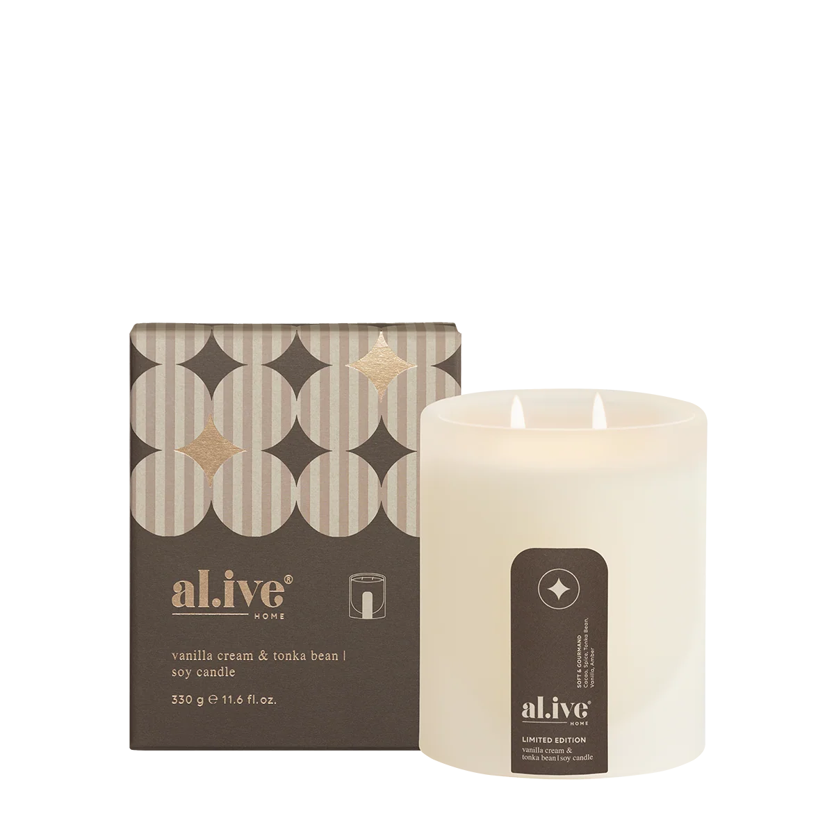 al.ive body Limited Edition Soy Candle Vanilla Cream & Tonka Bean 330g with festive gift box