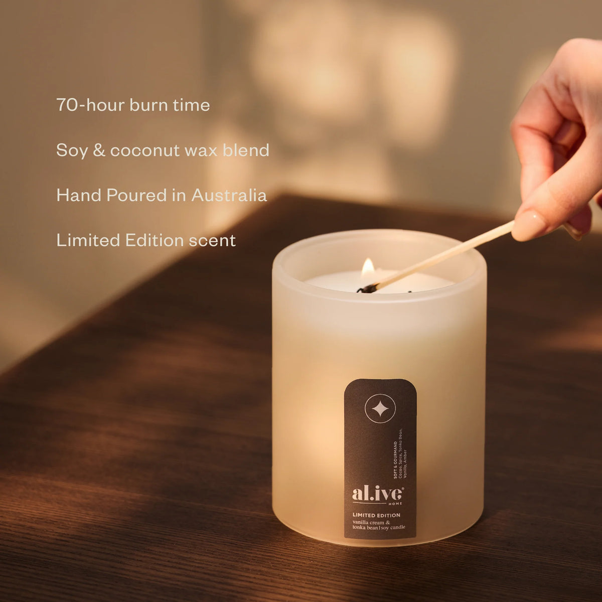 al.ive body Limited Edition Soy Candle being lit, 70 hour burn time, hand poured in Australia