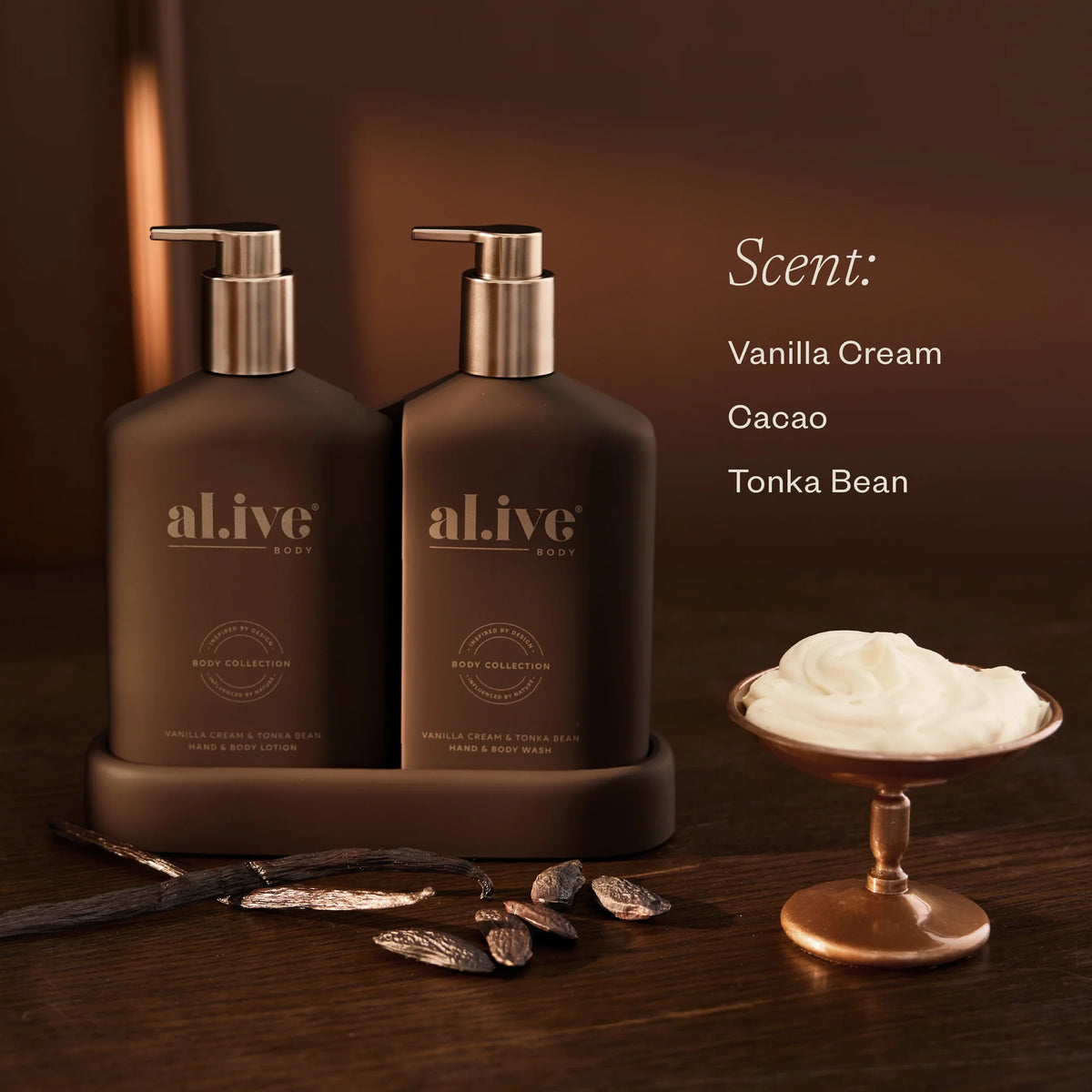 al.ive body Transformative Duo with scent notes of vanilla cream, cacao and tonka bean beside whipped vanilla cream