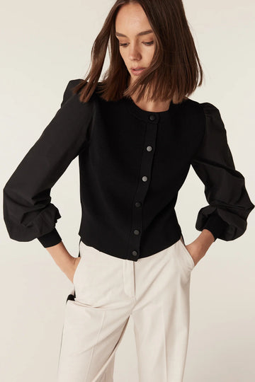 Close-up front view of the Cable Melbourne Crepe Spring Cardigan in Black with cotton puff sleeves