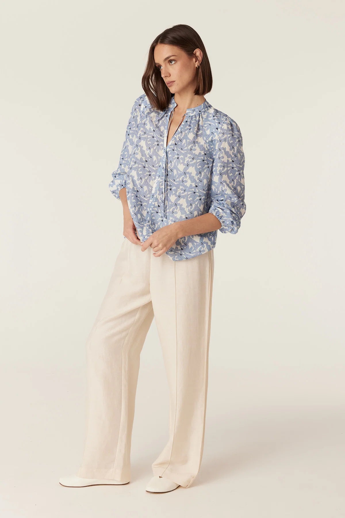 Cable Melbourne Juliette Blouse in Blue Flower print, worn - side view