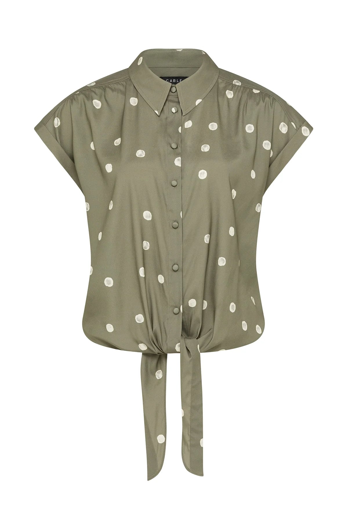 Cable Melbourne Muse Spring Blouse in Green Spot print - flat lay front view showing the collared neckline and cap sleeves