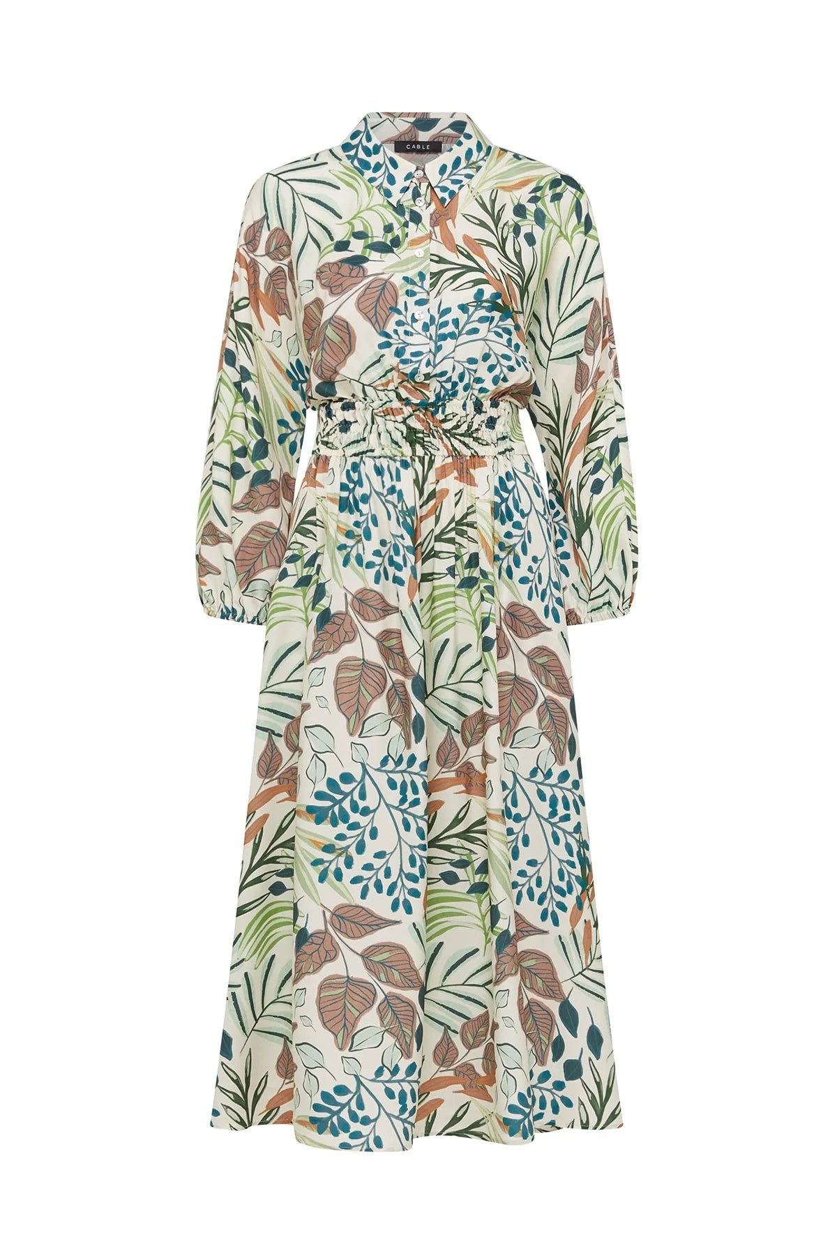 Close-up of the collared neckline and elasticated waist on the Cable Melbourne Olivia Midi Dress in Garden Print, worn