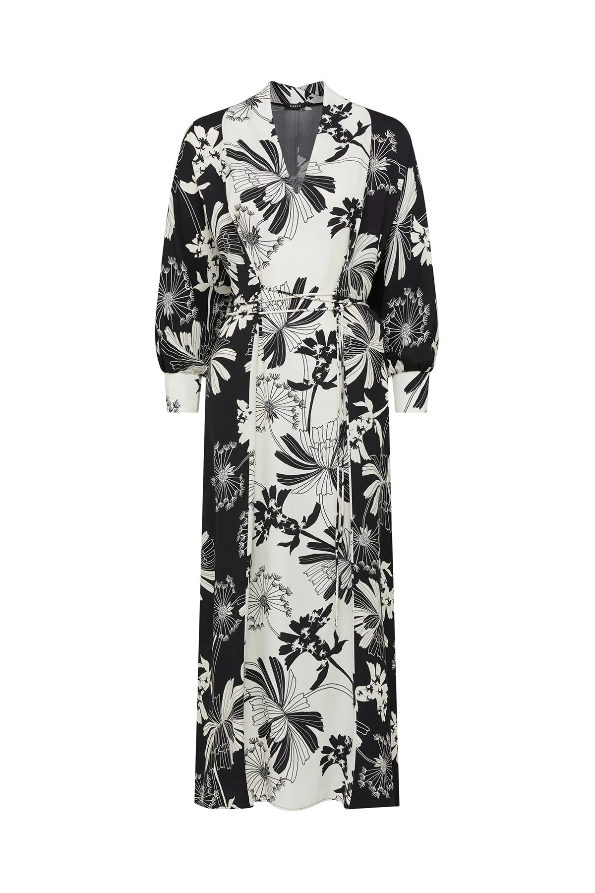 Close-up of the V-neckline and wraparound waist tie on the Cable Melbourne Rita Midi Dress in Deco Print
