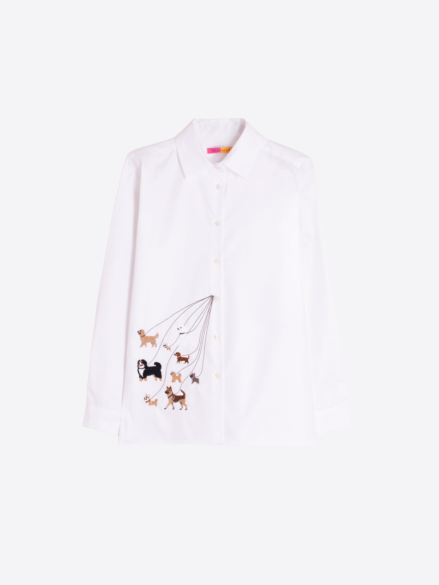 Vilagallo Tea White Embroidered Cotton Twill Shirt flat lay, white cotton twill with dog walker embroidery