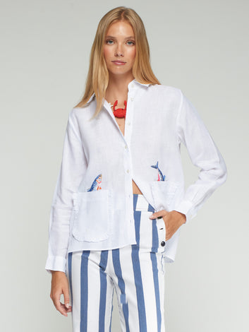 Vilagallo Embroidered Ruffle Pockets Linen Shirt in white, flat lay with embroidered fish ruffle pockets