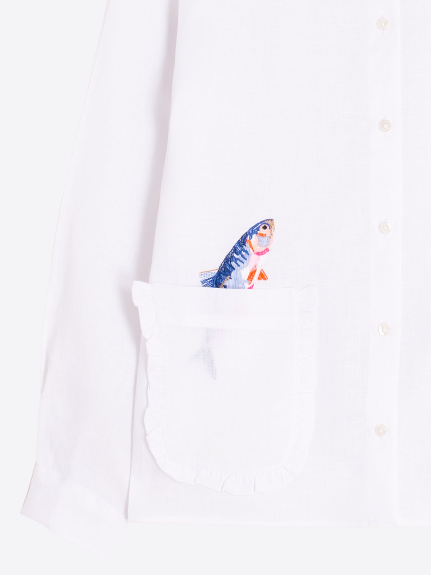 Vilagallo Embroidered Ruffle Pockets Linen Shirt in white, detail of fish embroidery peeking from pocket
