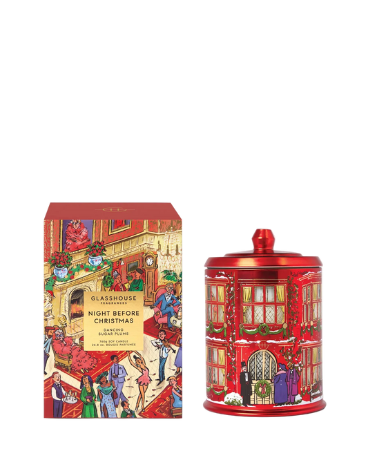 Glasshouse Fragrances Limited Edition Night Before Christmas 380g Candle in red illustrated Christmas vessel with gift box