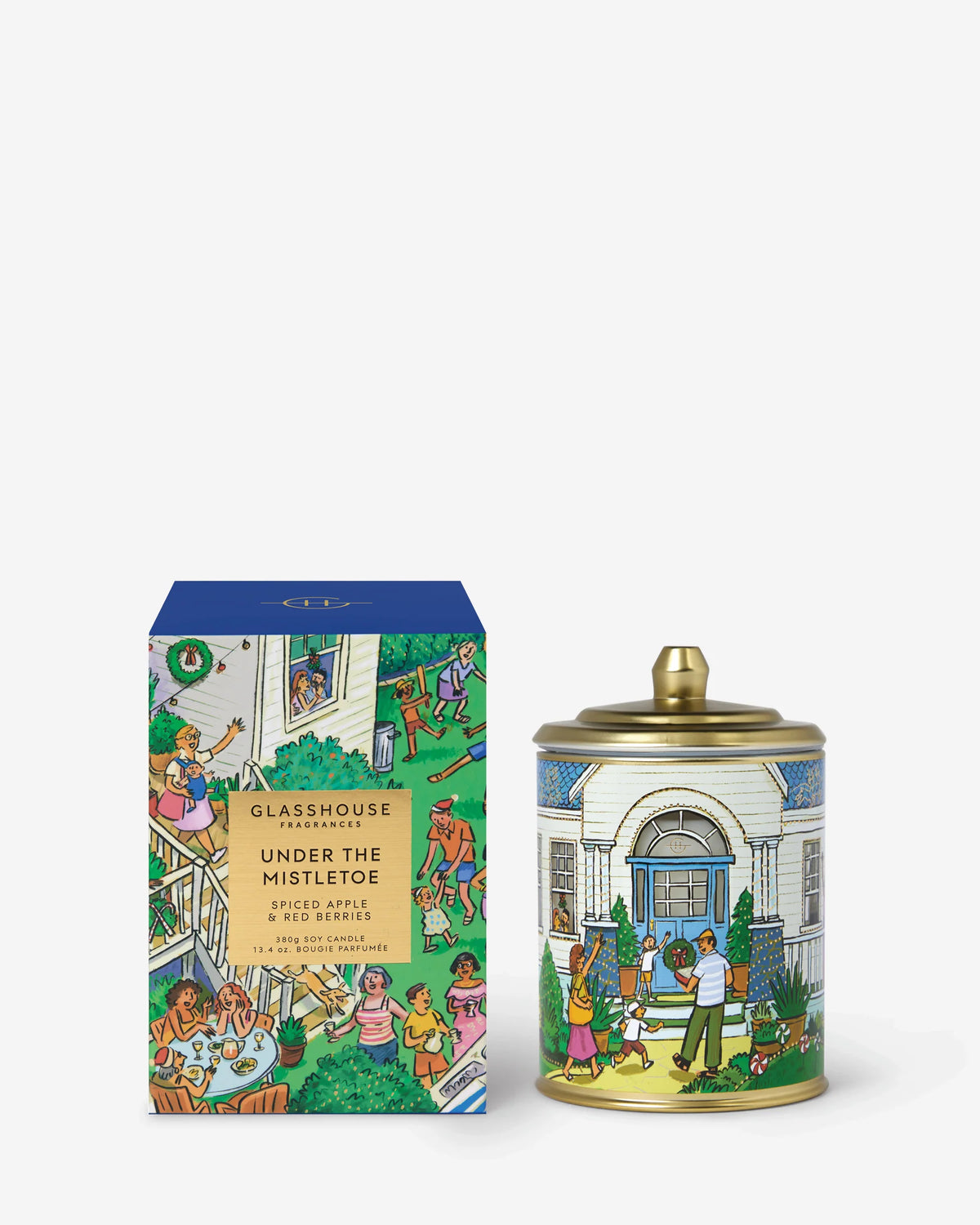 Glasshouse Fragrances Limited Edition Under the Mistletoe 380g Candle in illustrated Christmas vessel with gift box