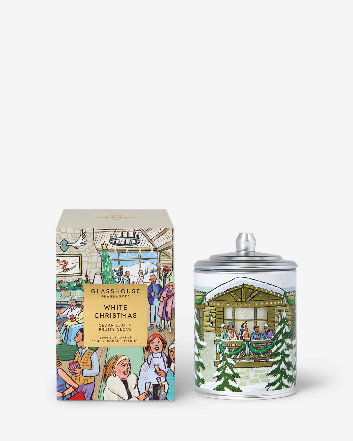 Glasshouse Fragrances Limited Edition White Christmas 380g Candle in illustrated snowy vessel with gift box