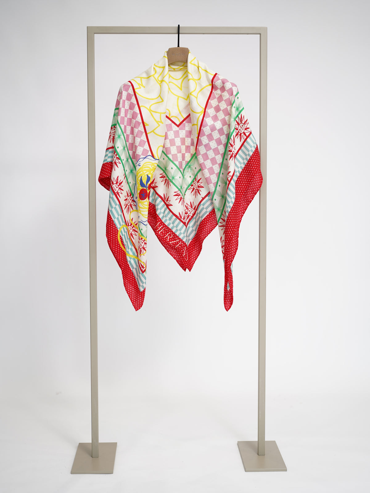 Herzens cashmere silk square scarf in Red Multi, draped view – Haus of Alma