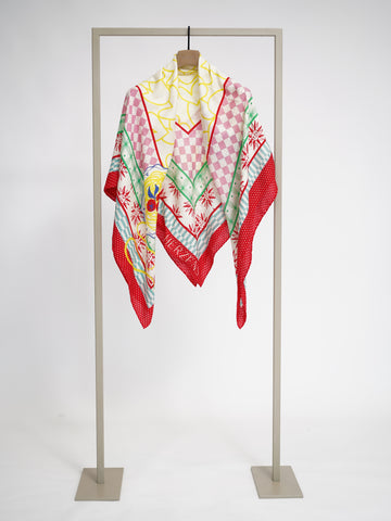 Herzens cashmere silk square scarf in Red Multi, draped view – Haus of Alma