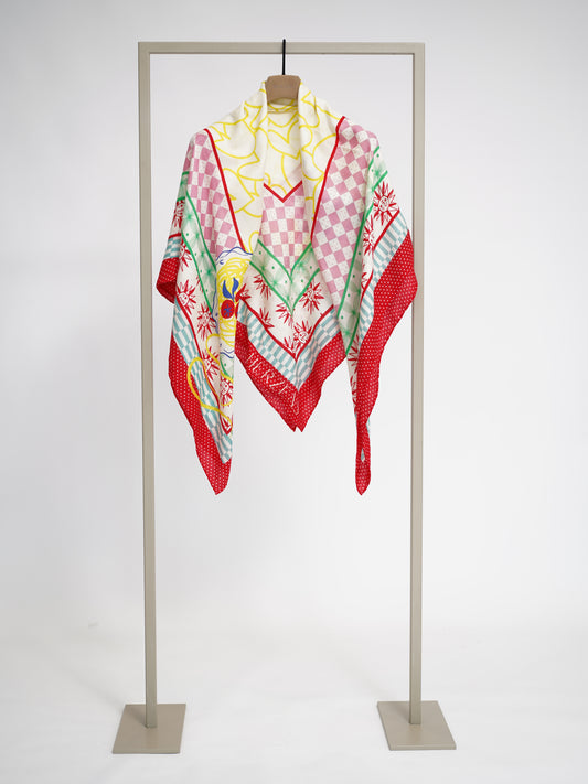 Herzens cashmere silk square scarf in Red Multi, draped view – Haus of Alma