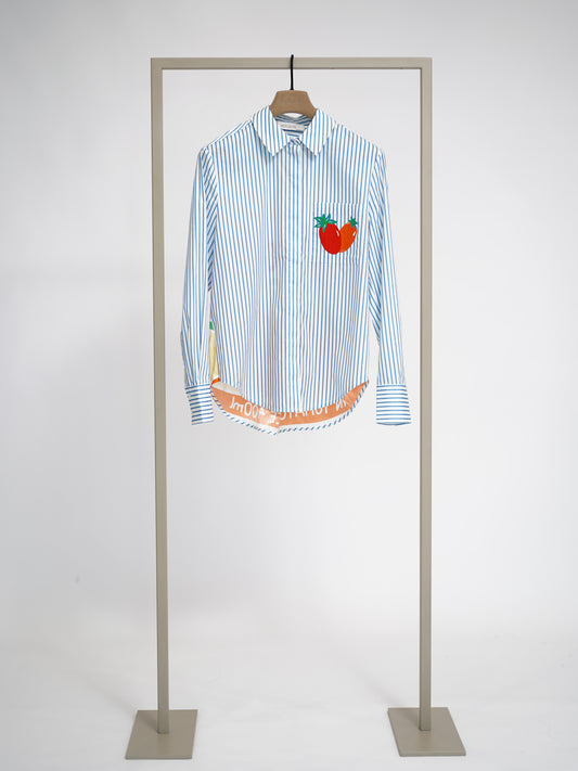 Herzens cotton silk striped shirt in Azzurro Red Multi with tomato pocket motif, front view – Haus of Alma