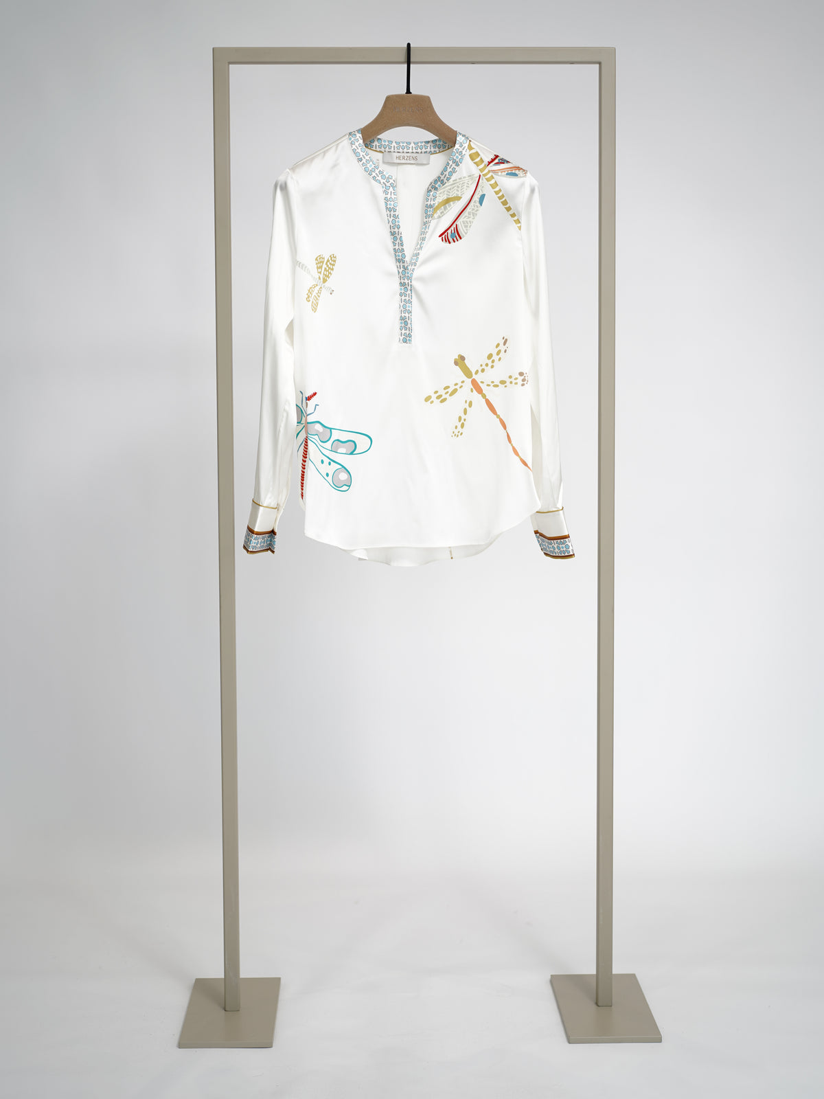 Herzens silk blouse in Sky Blue Multi dragonfly print, front view – Haus of Alma