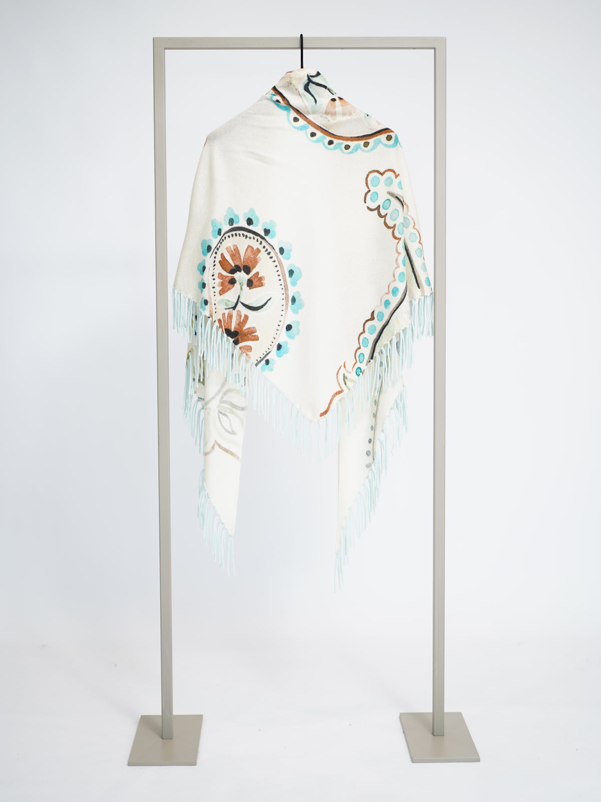 Herzens wool cashmere scarf in Salt Air Multi, draped view with aqua fringe – Haus of Alma
