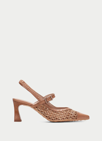 Hispanitas Giorgia slingback Mary Jane in woven Almond raffia and leather, side profile showing the wood-effect heel