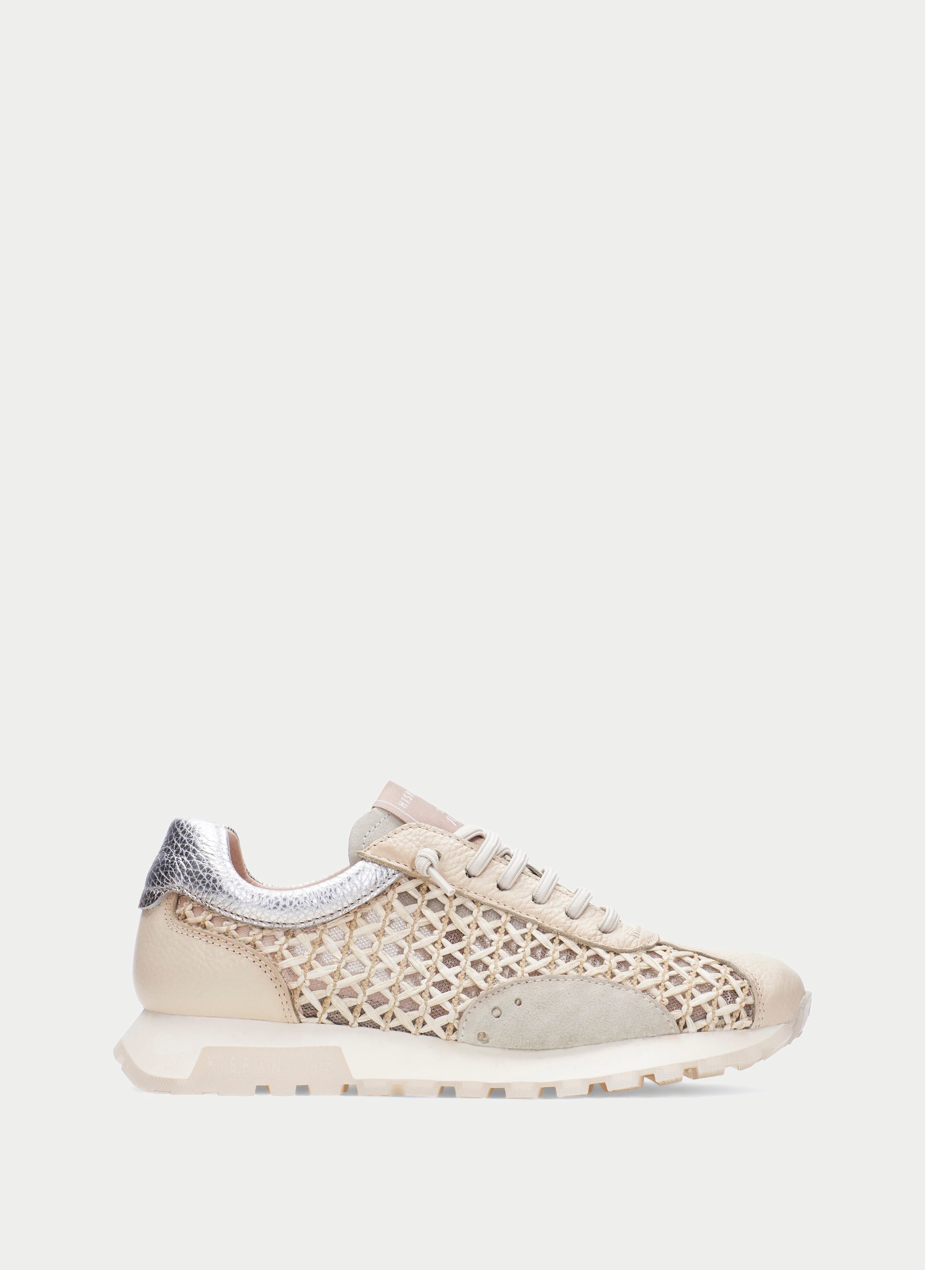 Hispanitas Oregon lace-up sneaker in woven Bolero Panna leather and raffia, side profile
