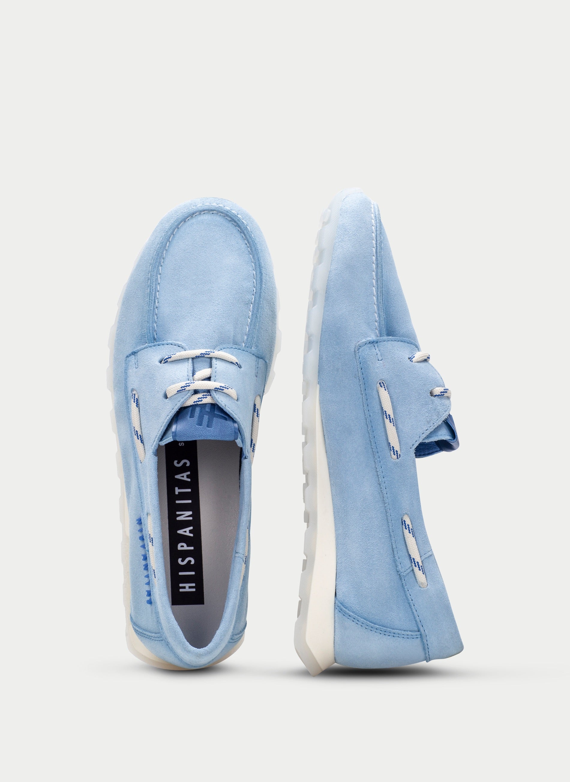 Hispanitas Zinnia boat-shoe loafer in sky-blue Velour Celeste suede, sole and Hispanitas branding detail
