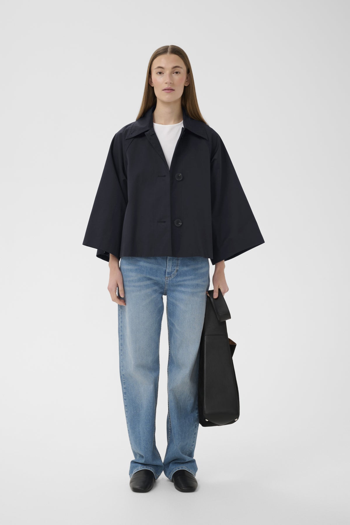 Haus of Alma InWear Hinonaiw Cape Jacket in Marine Blue - cropped cape-back jacket with dolman sleeves, view 05