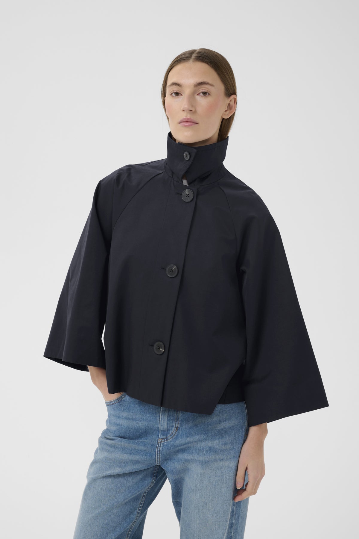 Haus of Alma InWear Hinonaiw Cape Jacket in Marine Blue - cropped cape-back jacket with dolman sleeves, view 08