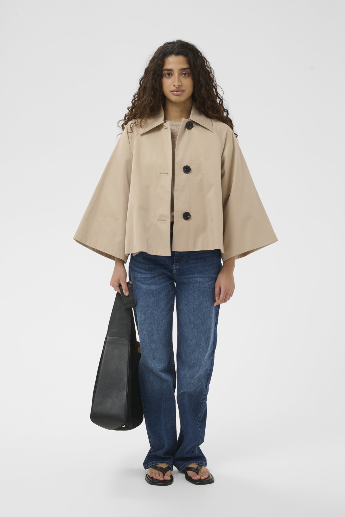Haus of Alma InWear Hinonaiw Cape Jacket in Sandstone - cropped cape-back jacket with dolman sleeves, view 04