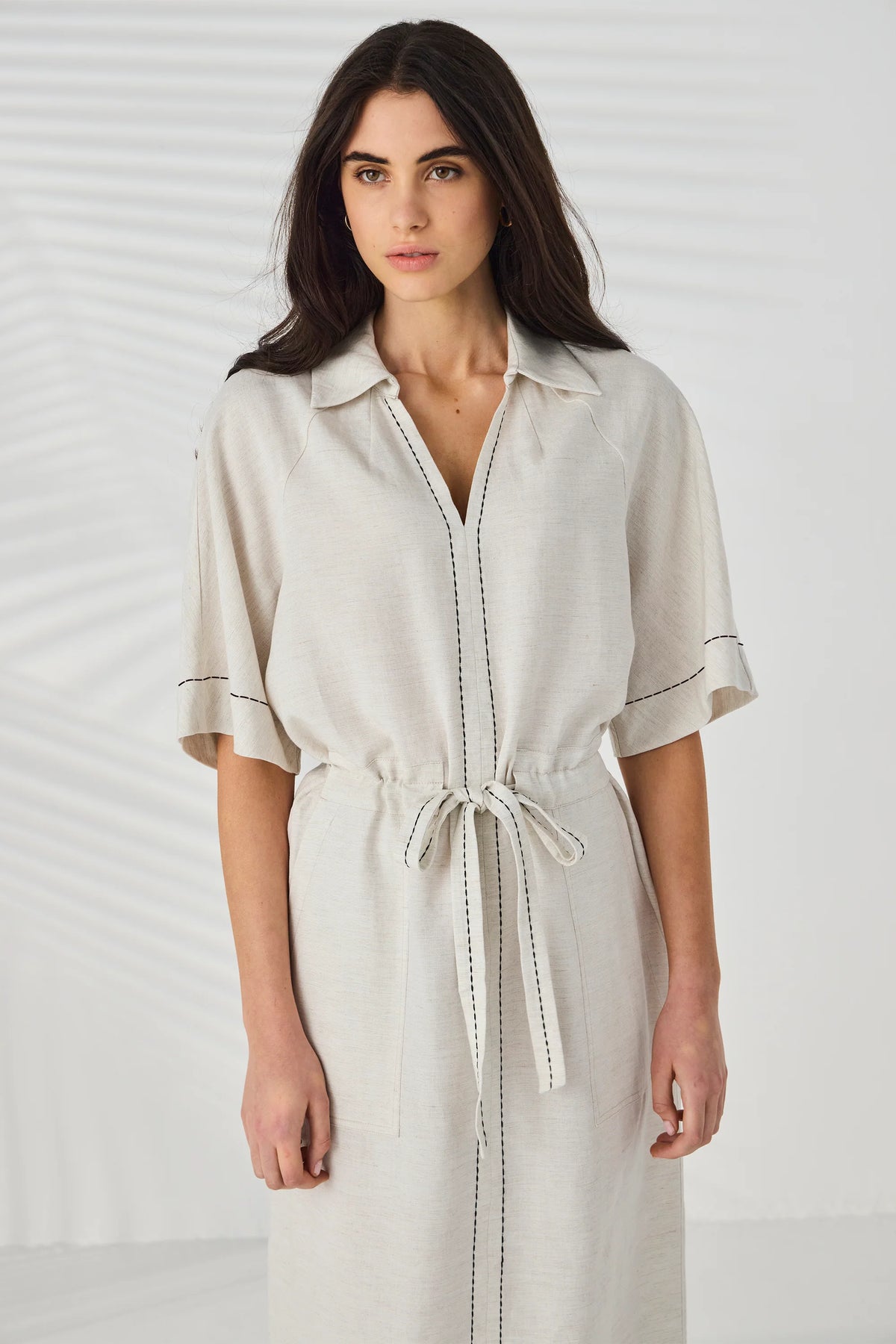 Lania Court Dress in Natural - neckline and waist-tie detail