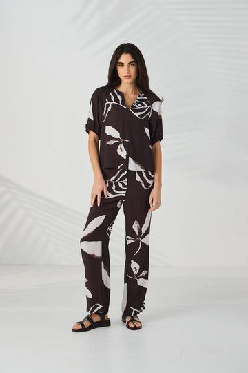 Lania Maple Pant in Maple Print viscose, straight-leg silhouette, worn with the Maple Top – front view