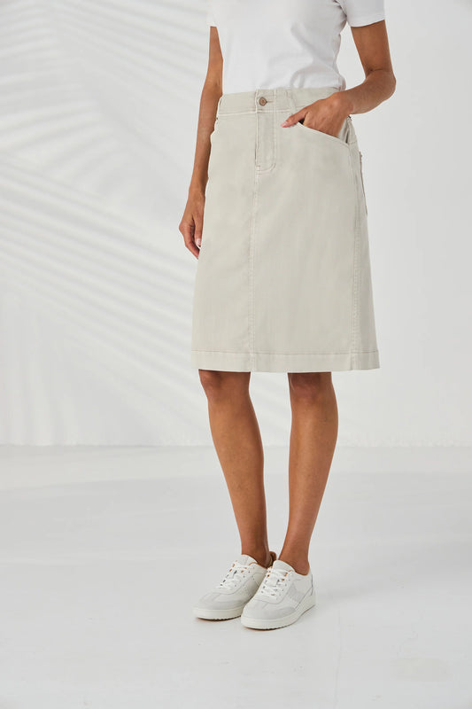 Side view of the Lania Ryder Skirt in Almond showing the fly-front opening