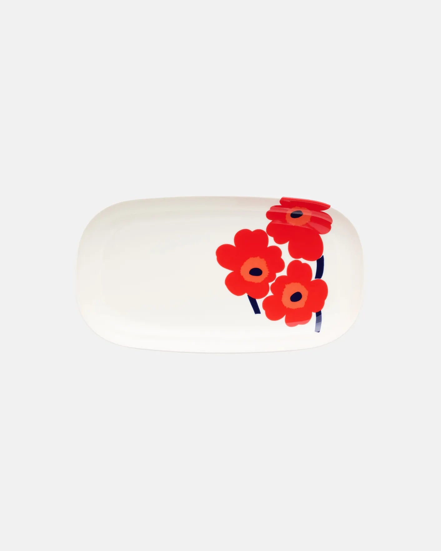 Marimekko Unikko Oiva rectangular serving plate, white stoneware with red poppy print