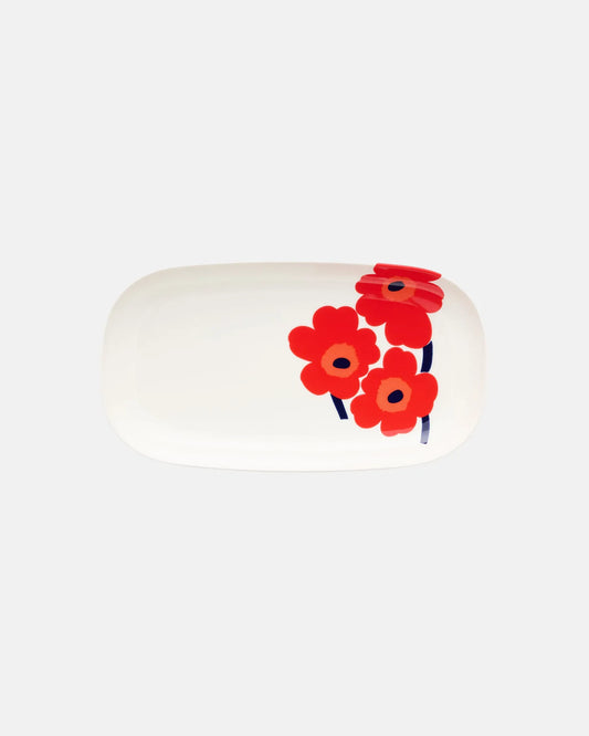 Marimekko Unikko Oiva rectangular serving plate, white stoneware with red poppy print