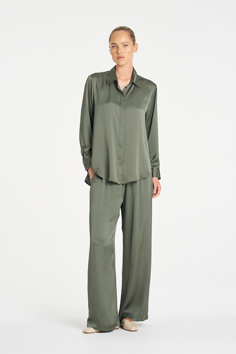 Mela Purdie Maxi Pace Pant in Sage, Mirror Satin fabric – front view